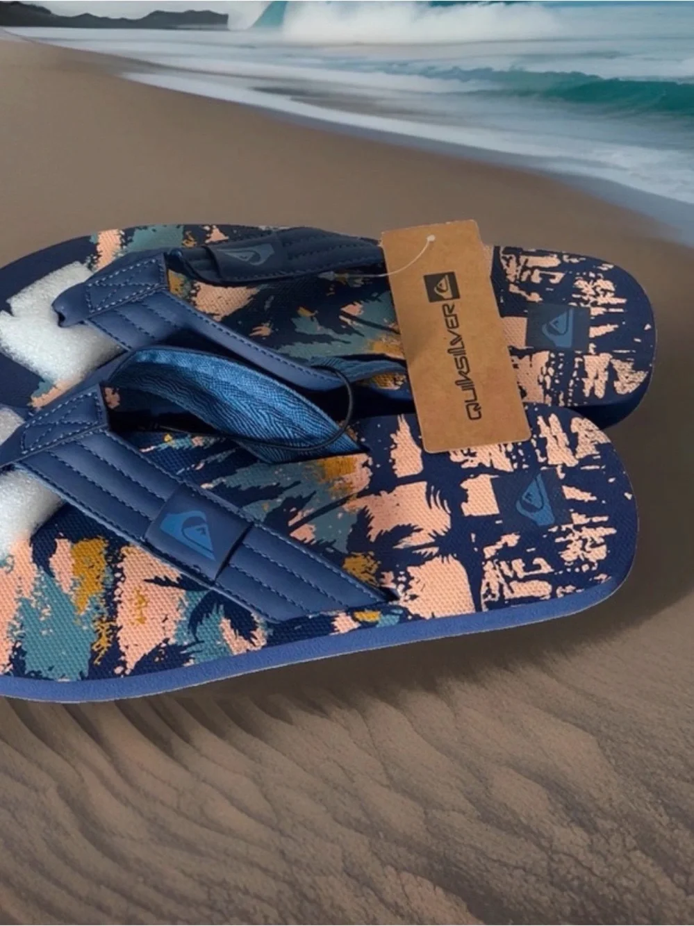 Quiksilver Foundation Men’s Size 9 Flip Flops Sandals. Navy Sunset Print. New